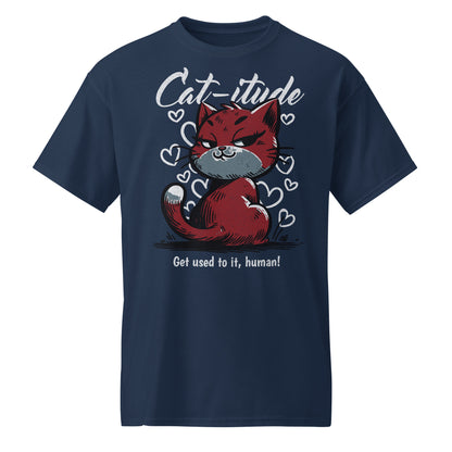 Unisex t-shirt with “Cat-itude Get Used to It Human” design featuring red cat illustration and hearts, DryBlend sports tee by LostLogicCo Canada
