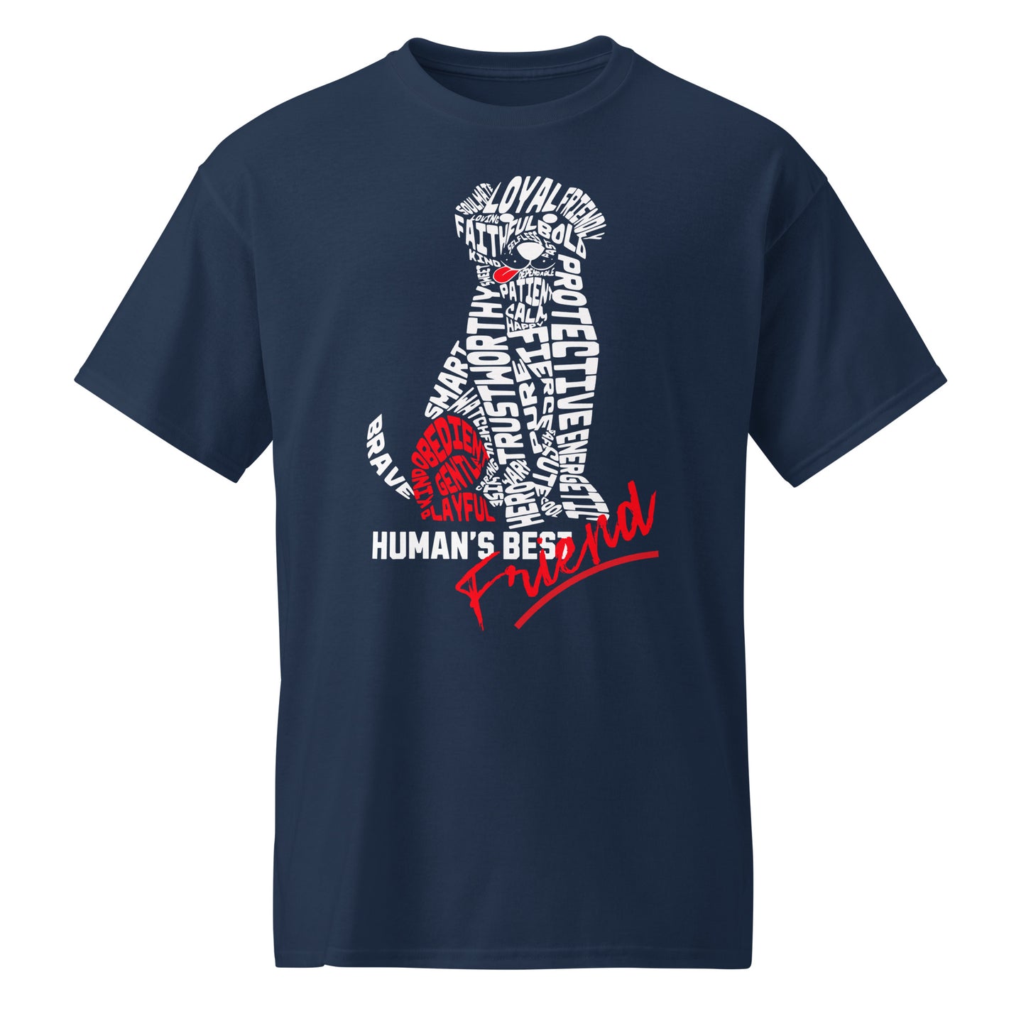 Unisex t-shirt with “Human’s Best Friend” dog silhouette made of typography words, red accent heart and text, DryBlend sports tee by LostLogicCo Canada