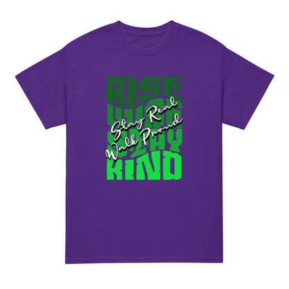 Unisex typography t-shirt with “Rise Wise Stay Kind” and “Stay Real Walk Proud” design, moisture-wicking sports tee by LostLogicCo Canada