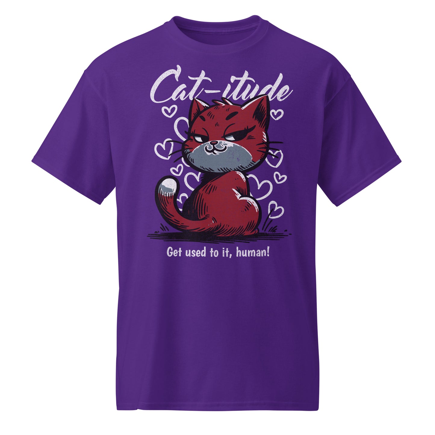 Unisex t-shirt with “Cat-itude Get Used to It Human” design featuring red cat illustration and hearts, DryBlend sports tee by LostLogicCo Canada