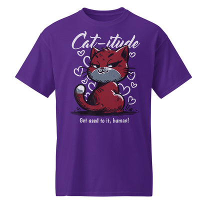 Unisex t-shirt with “Cat-itude Get Used to It Human” design featuring red cat illustration and hearts, DryBlend sports tee by LostLogicCo Canada