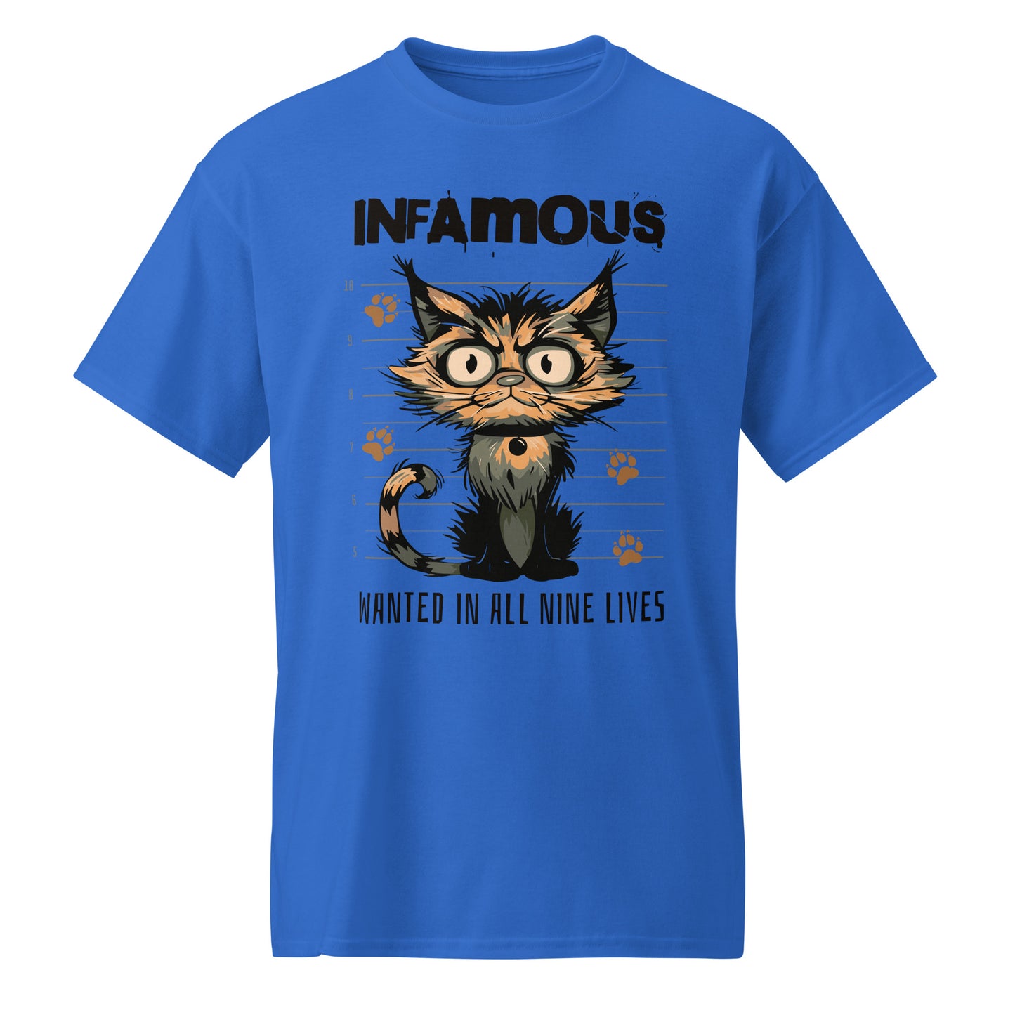 Unisex t-shirt with cartoon cat mugshot and “Infamous Cat” text, funny animal graphic tee by LostLogicCo Canada