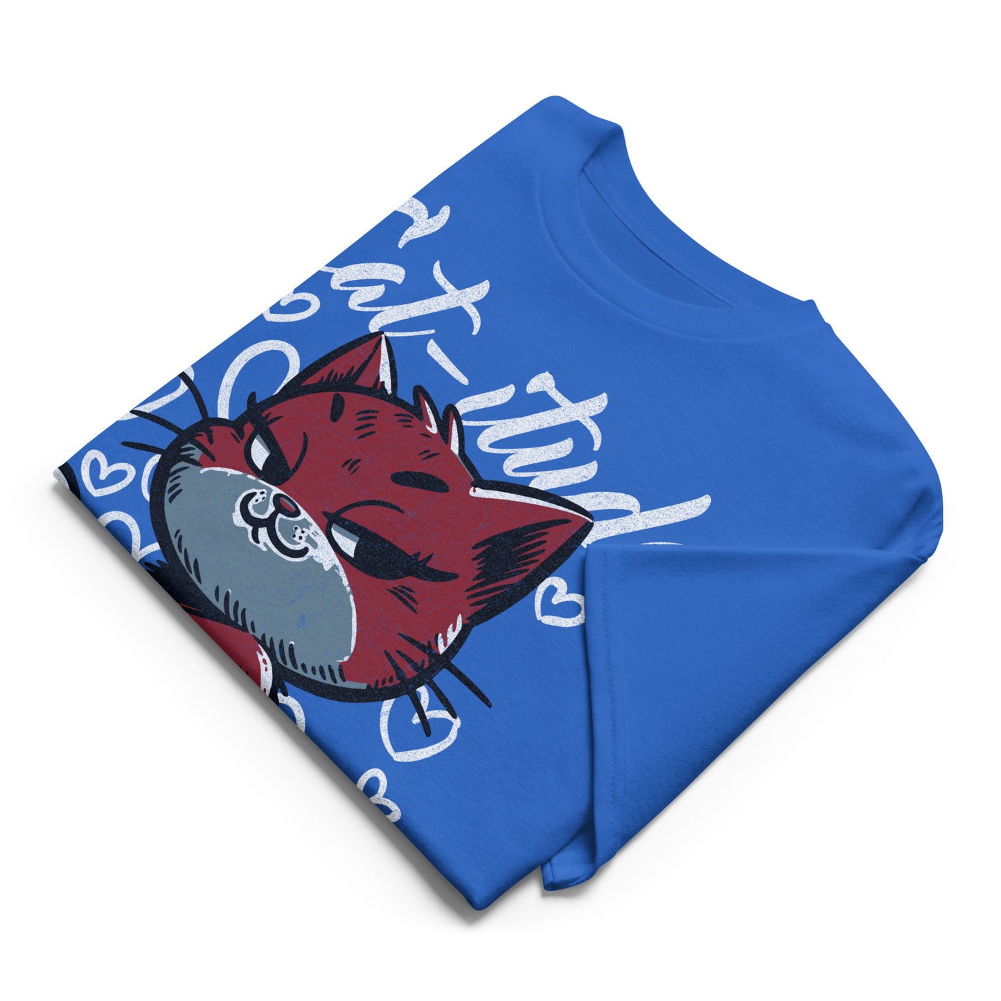 Unisex t-shirt with “Cat-itude Get Used to It Human” design featuring red cat illustration and hearts, DryBlend sports tee by LostLogicCo Canada