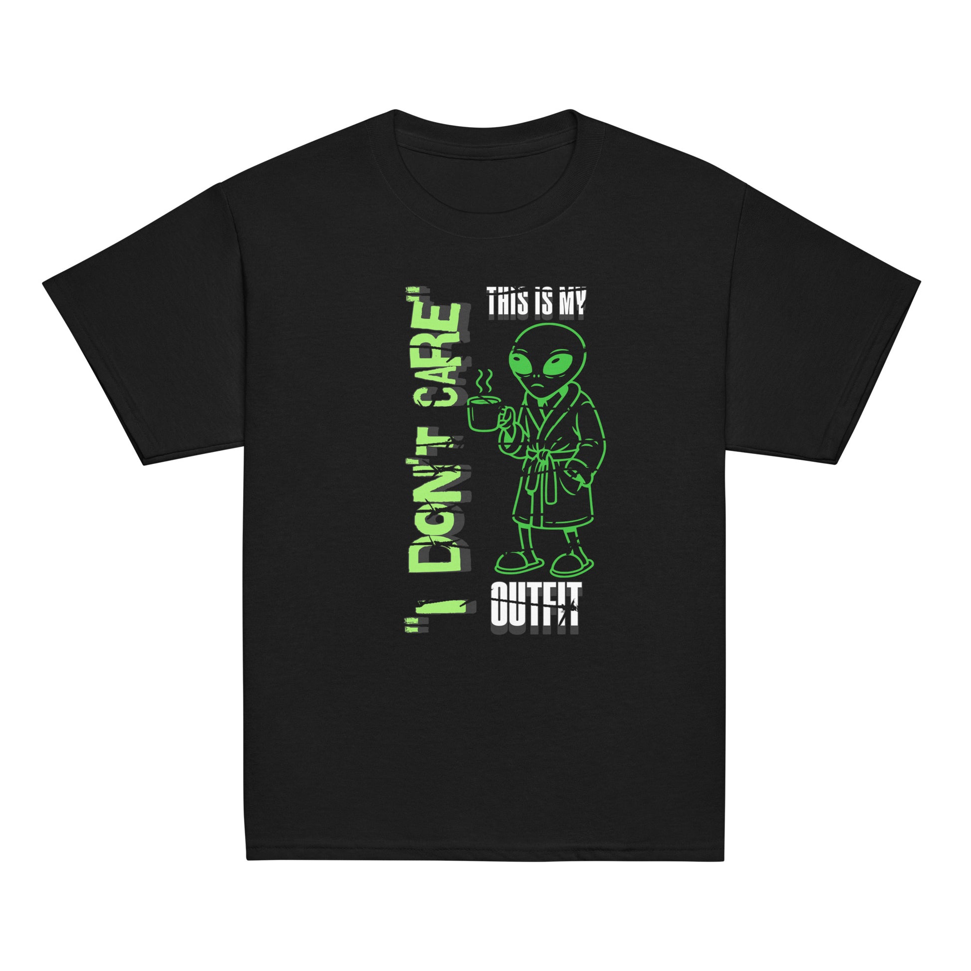 Youth graphic t-shirt with “I Don’t Care Alien” coffee-drinking alien design, cotton kids tee by LostLogicCo Canada