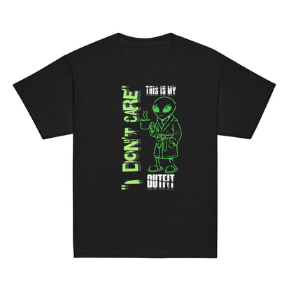 Youth graphic t-shirt with “I Don’t Care Alien” coffee-drinking alien design, cotton kids tee by LostLogicCo Canada