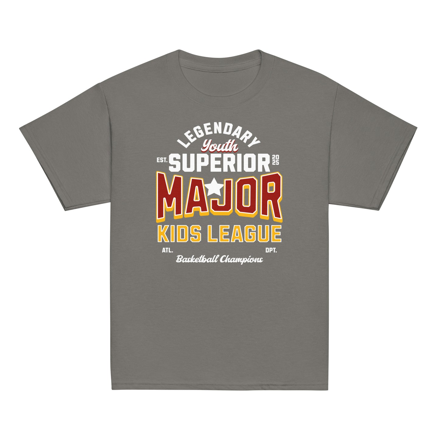 Youth t-shirt with “Major Kids League” varsity-style typography design, 100% cotton classic tee by LostLogicCo Canada