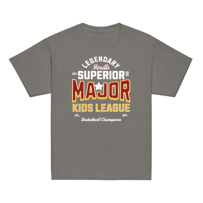 Youth t-shirt with “Major Kids League” varsity-style typography design, 100% cotton classic tee by LostLogicCo Canada