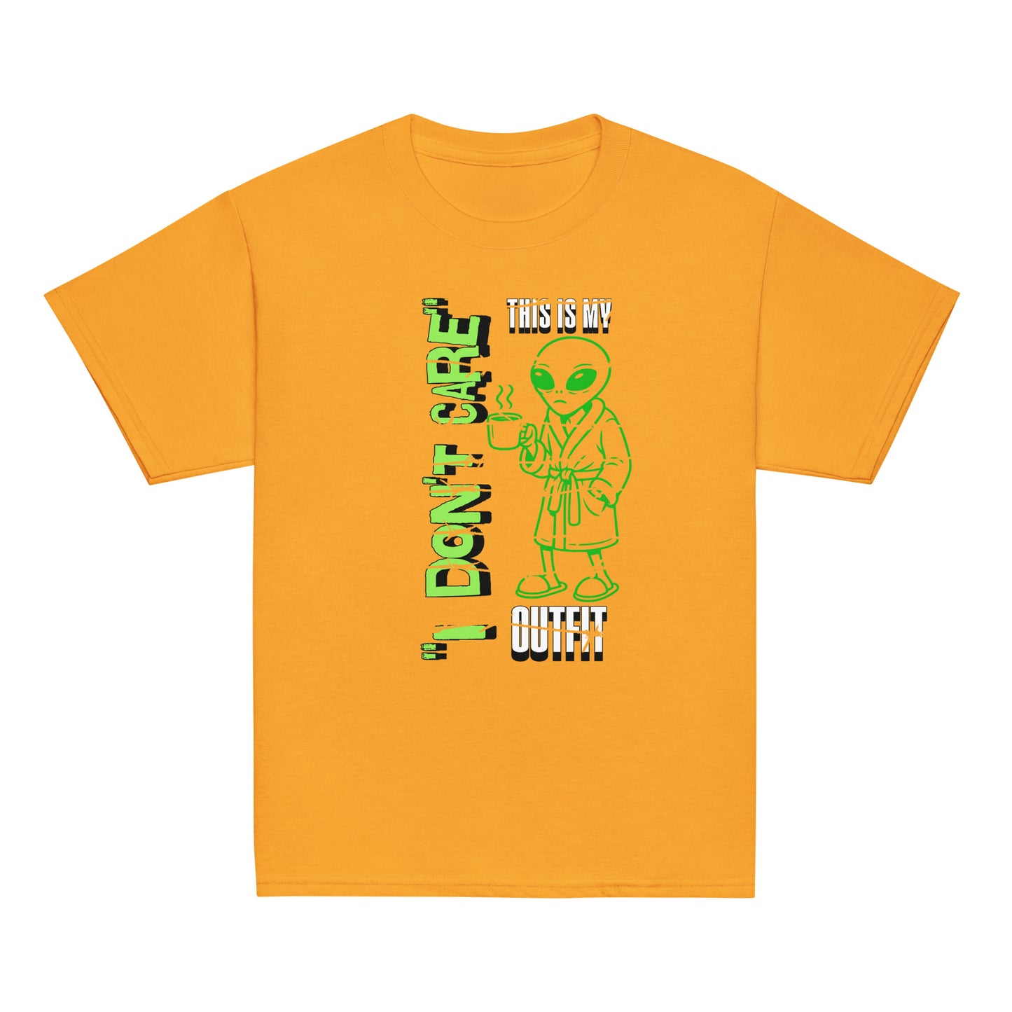 Youth graphic t-shirt with “I Don’t Care Alien” coffee-drinking alien design, cotton kids tee by LostLogicCo Canada