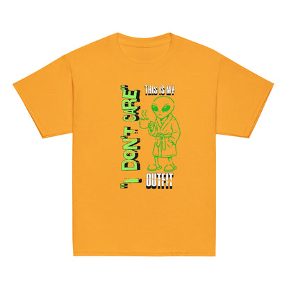 Youth graphic t-shirt with “I Don’t Care Alien” coffee-drinking alien design, cotton kids tee by LostLogicCo Canada