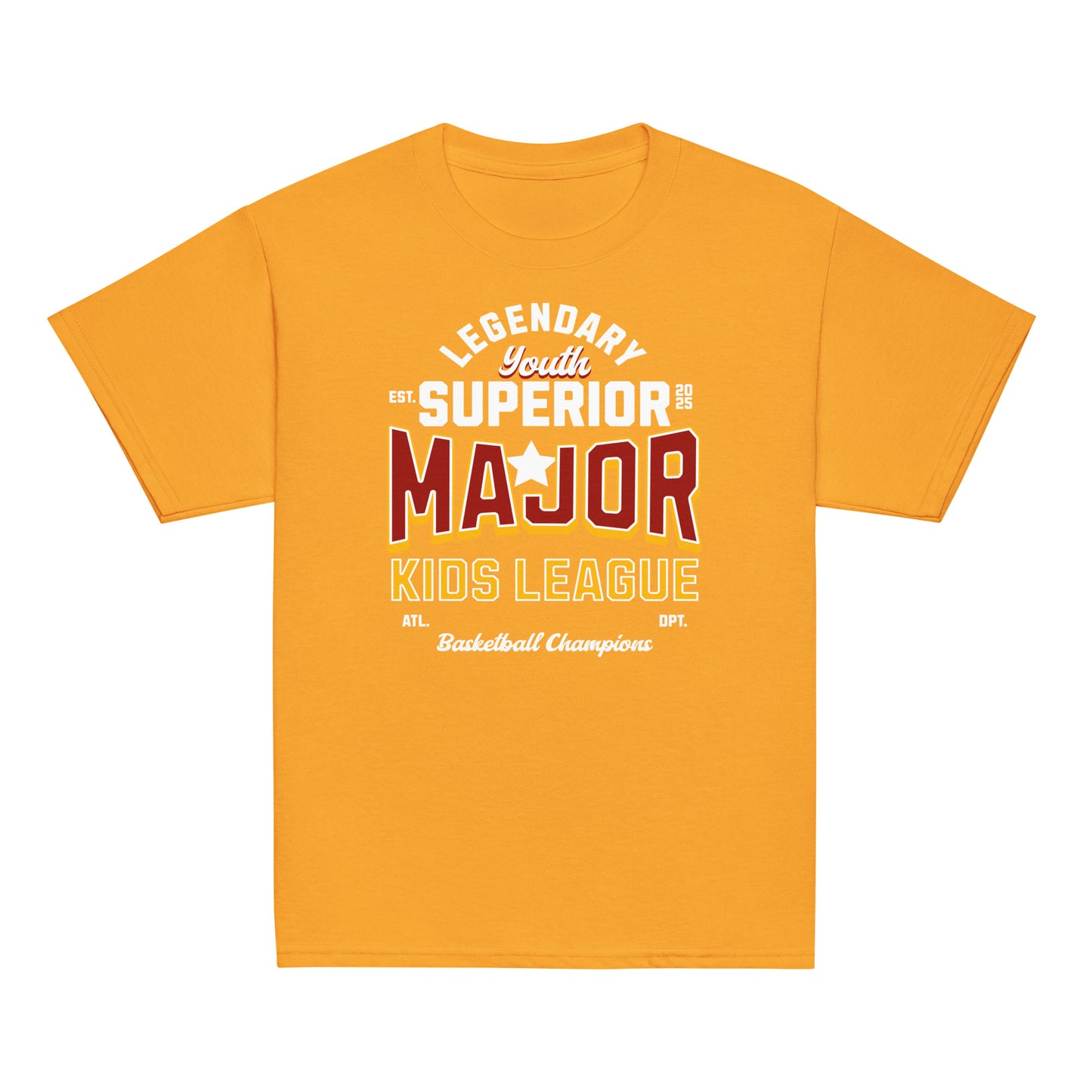 Youth t-shirt with “Major Kids League” varsity-style typography design, 100% cotton classic tee by LostLogicCo Canada