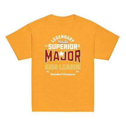 Youth t-shirt with “Major Kids League” varsity-style typography design, 100% cotton classic tee by LostLogicCo Canada