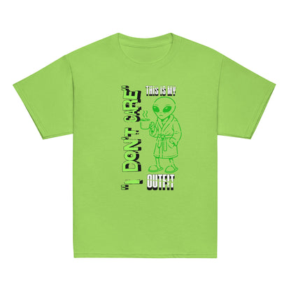 Youth graphic t-shirt with “I Don’t Care Alien” coffee-drinking alien design, cotton kids tee by LostLogicCo Canada
