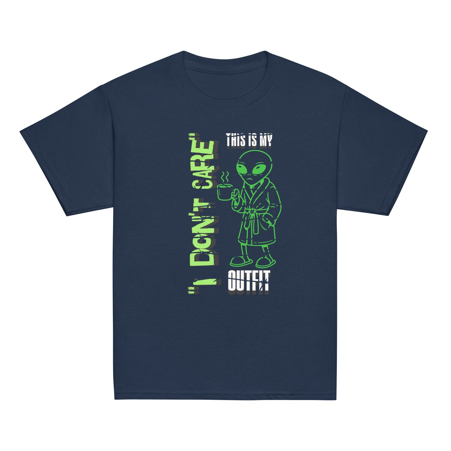 Youth graphic t-shirt with “I Don’t Care Alien” coffee-drinking alien design, cotton kids tee by LostLogicCo Canada