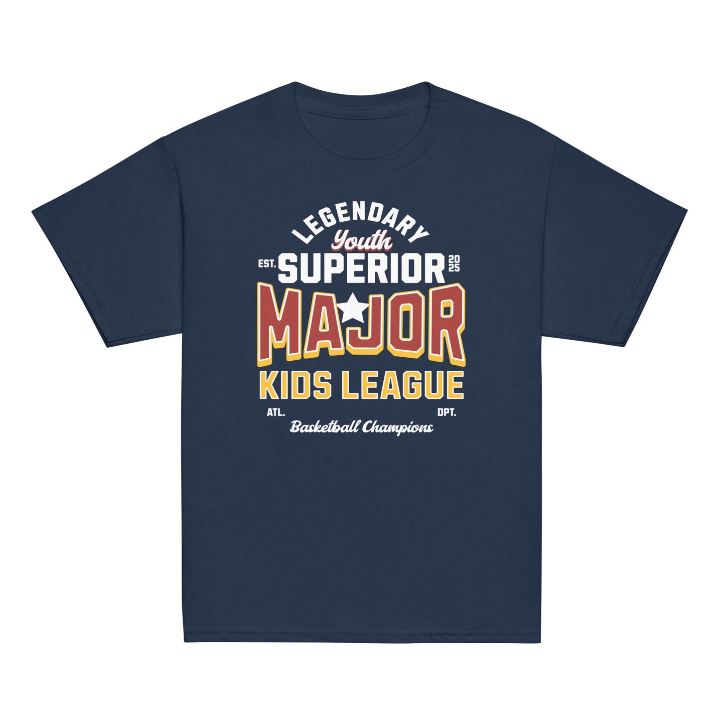 Youth t-shirt with “Major Kids League” varsity-style typography design, 100% cotton classic tee by LostLogicCo Canada