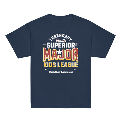 Youth t-shirt with “Major Kids League” varsity-style typography design, 100% cotton classic tee by LostLogicCo Canada