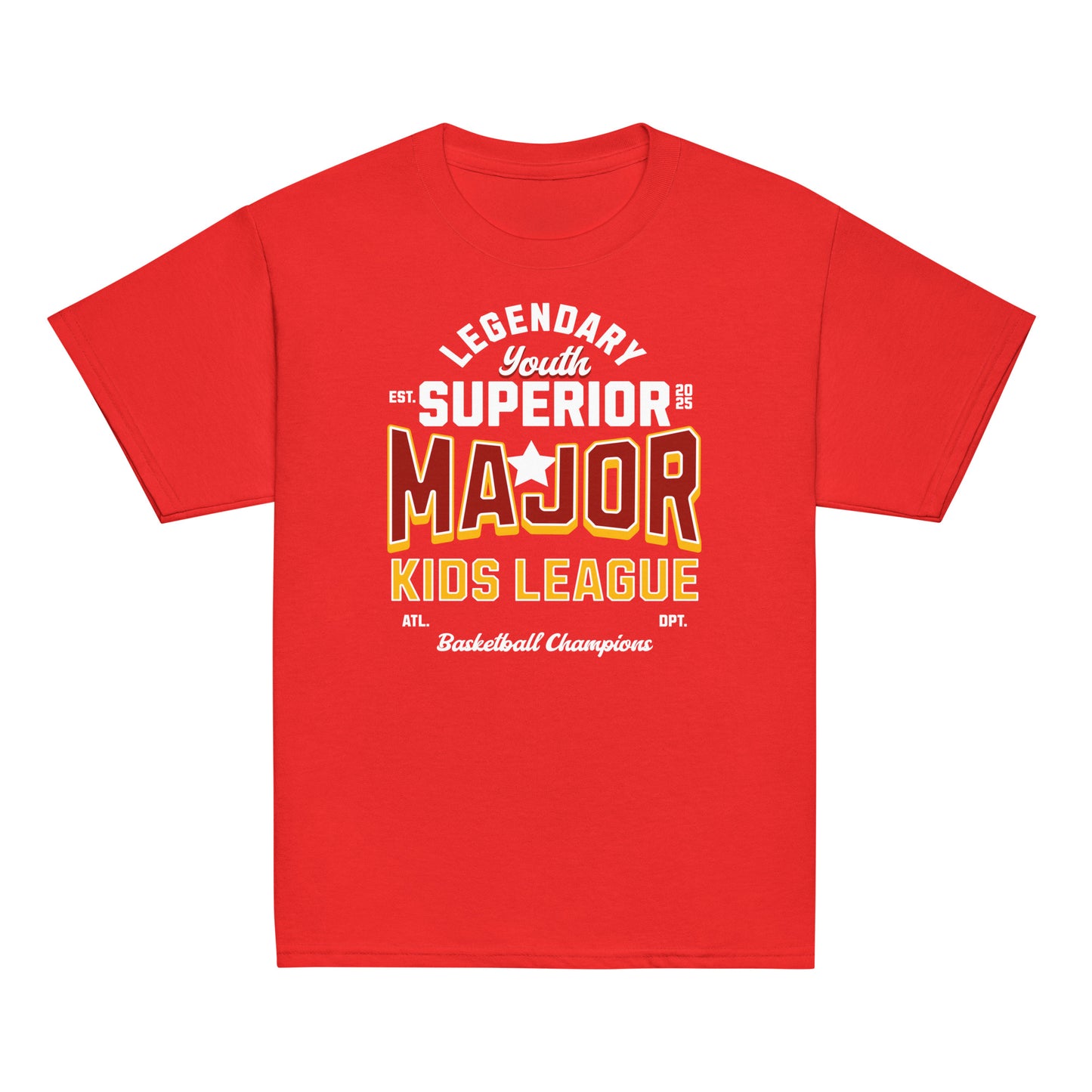Youth t-shirt with “Major Kids League” varsity-style typography design, 100% cotton classic tee by LostLogicCo Canada