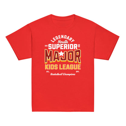 Youth t-shirt with “Major Kids League” varsity-style typography design, 100% cotton classic tee by LostLogicCo Canada