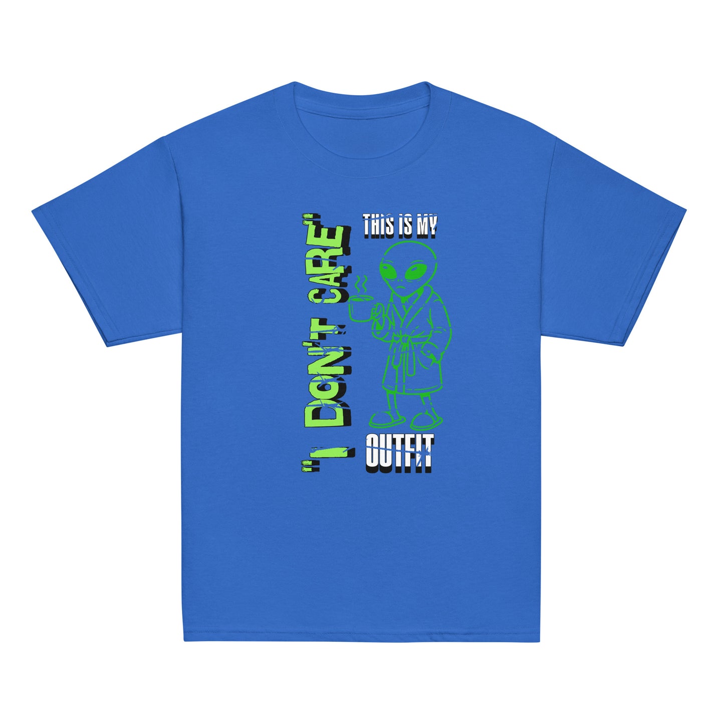 Youth graphic t-shirt with “I Don’t Care Alien” coffee-drinking alien design, cotton kids tee by LostLogicCo Canada
