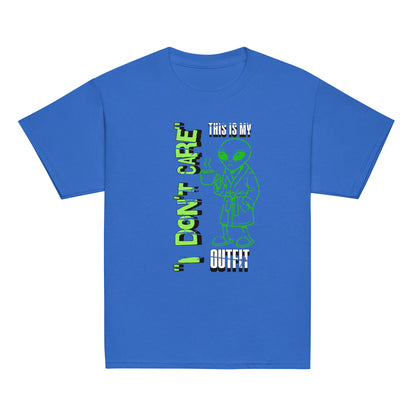 Youth graphic t-shirt with “I Don’t Care Alien” coffee-drinking alien design, cotton kids tee by LostLogicCo Canada