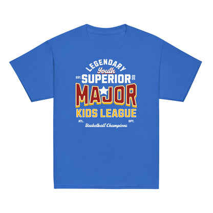 Youth t-shirt with “Major Kids League” varsity-style typography design, 100% cotton classic tee by LostLogicCo Canada