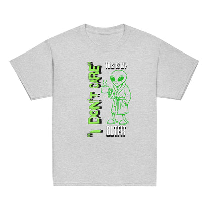 Youth graphic t-shirt with “I Don’t Care Alien” coffee-drinking alien design, cotton kids tee by LostLogicCo Canada