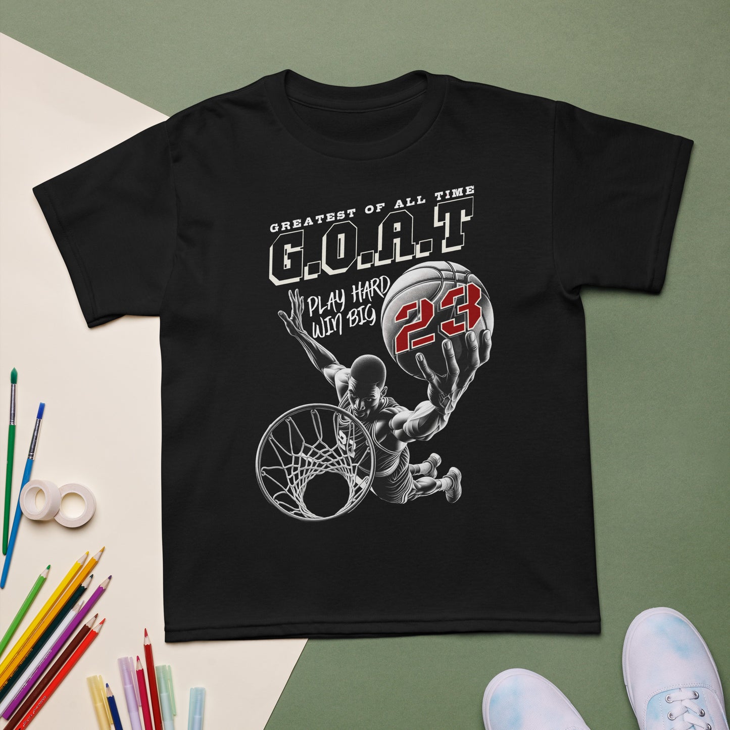 Youth basketball t-shirt with “G.O.A.T Slam Dunk 23” design, cotton-poly short sleeve kids tee by LostLogicCo Canada