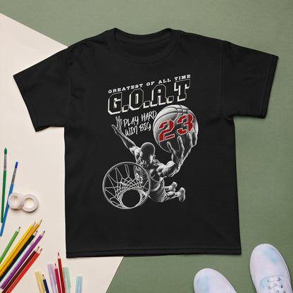 Youth basketball t-shirt with “G.O.A.T Slam Dunk 23” design, cotton-poly short sleeve kids tee by LostLogicCo Canada