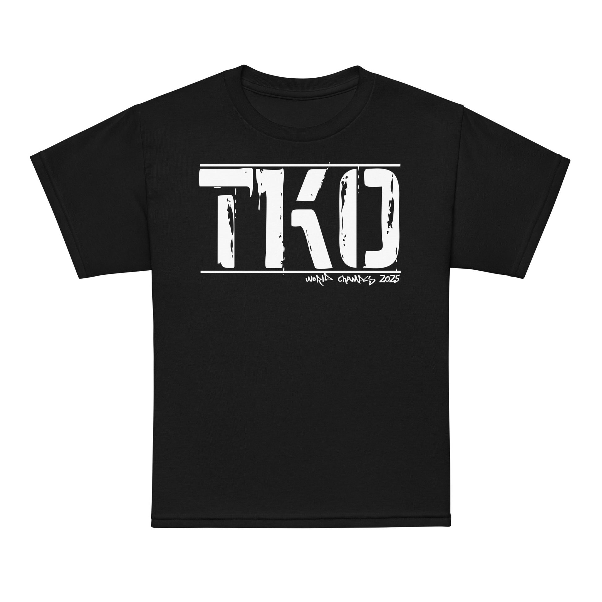 Youth typography t-shirt with bold “TKO” boxing design, moisture-wicking cotton-poly kids tee by LostLogicCo Canada