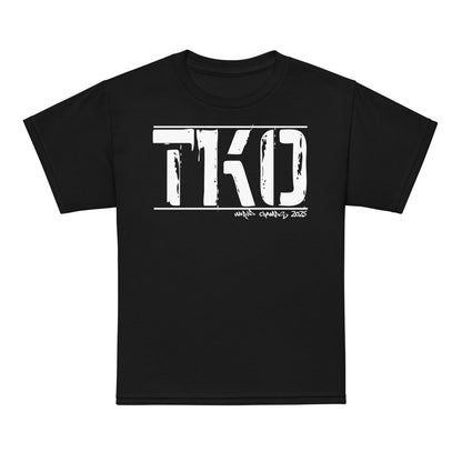 Youth typography t-shirt with bold “TKO” boxing design, moisture-wicking cotton-poly kids tee by LostLogicCo Canada
