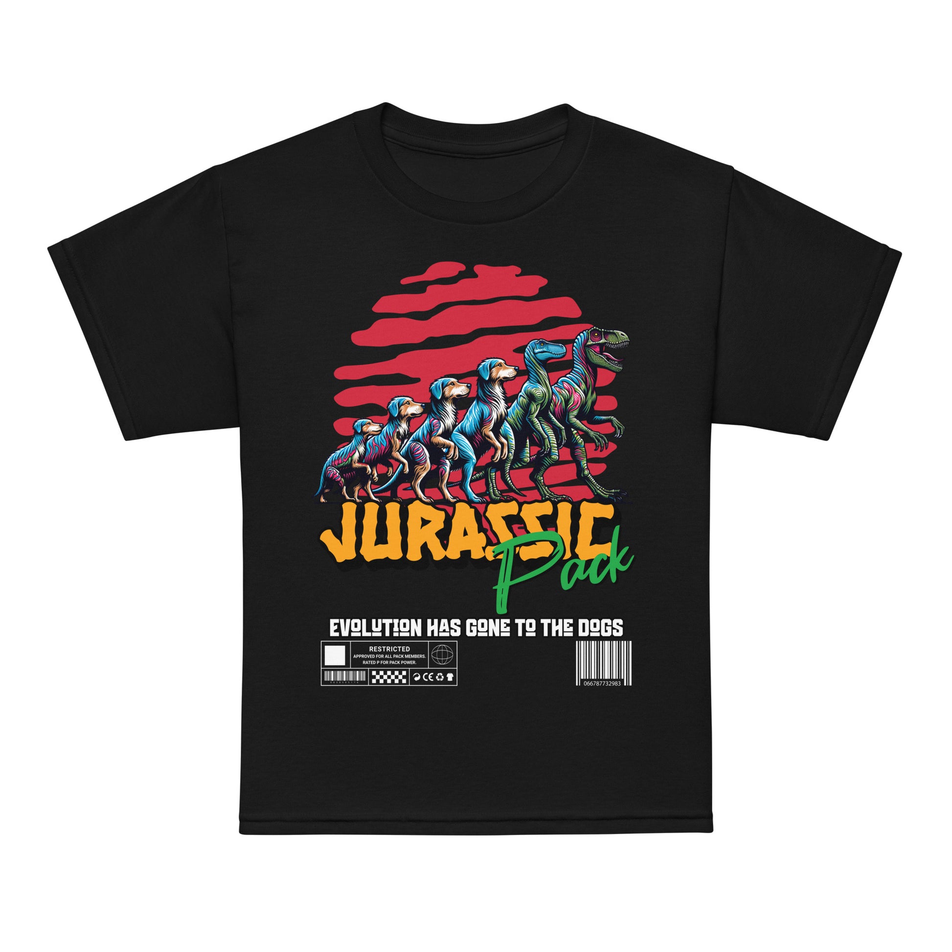 Kids dinosaur t-shirt with “Jurassic Pack” and “Evolution Has Gone to the Dogs” design, moisture-wicking cotton-poly tee by LostLogicCo Canada