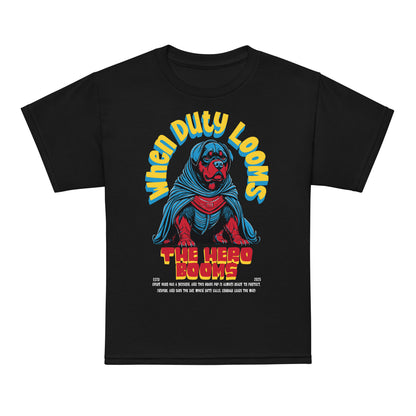 Youth superhero t-shirt with “When Duty Looms The Hero Booms” dog design, moisture-wicking cotton-poly tee by LostLogicCo Canada