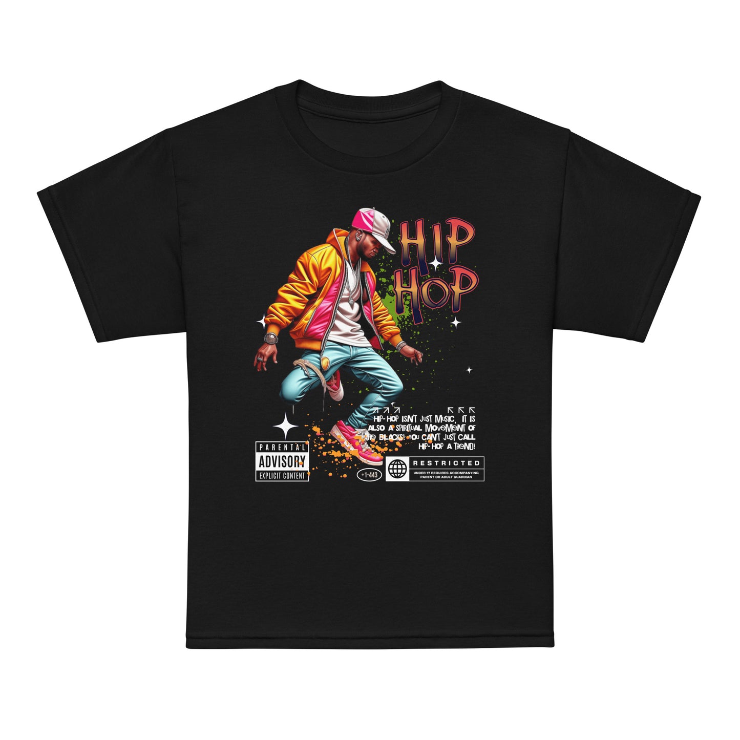 Kids t-shirt with colorful “Hip Hop” streetwear dancer design, moisture-wicking cotton-poly tee by LostLogicCo Canada