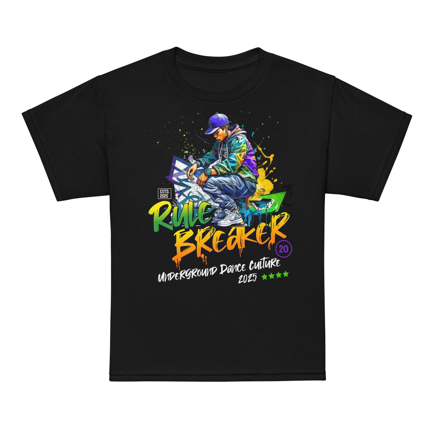 Youth t-shirt with “Rule Breaker” graffiti street dancer design, moisture-wicking cotton-poly tee by LostLogicCo Canada