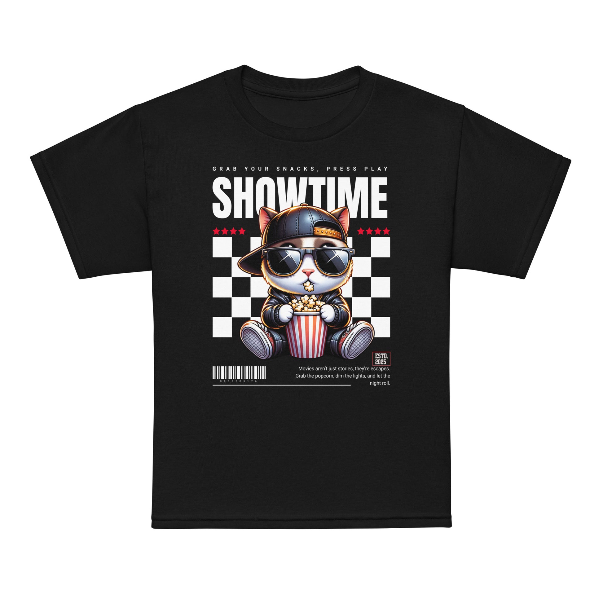 Youth t-shirt with “Showtime” cool cat popcorn movie design, moisture-wicking cotton-poly tee by LostLogicCo Canada