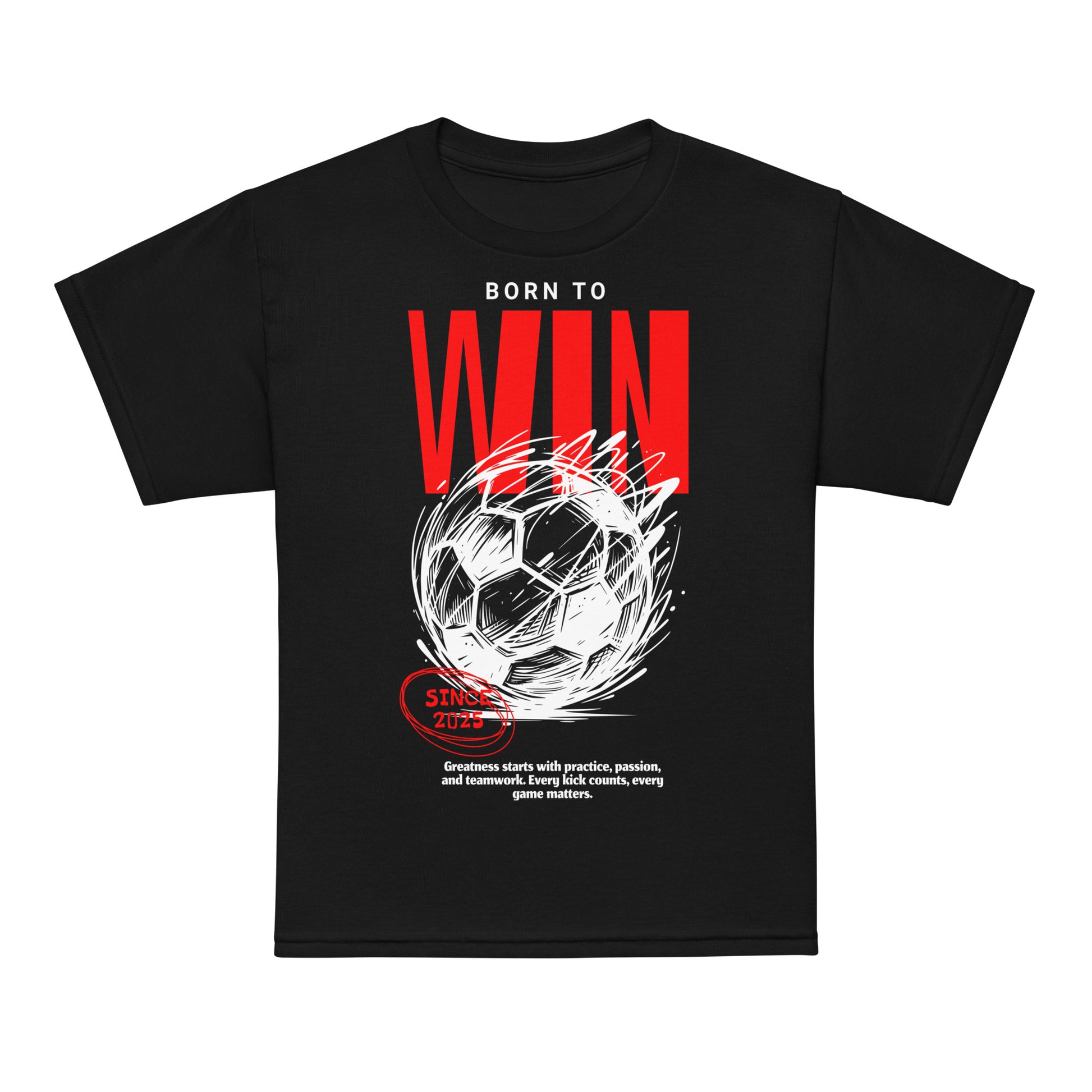 Youth t-shirt with “Born to Win” bold soccer design, moisture-wicking cotton-poly tee by LostLogicCo Canada