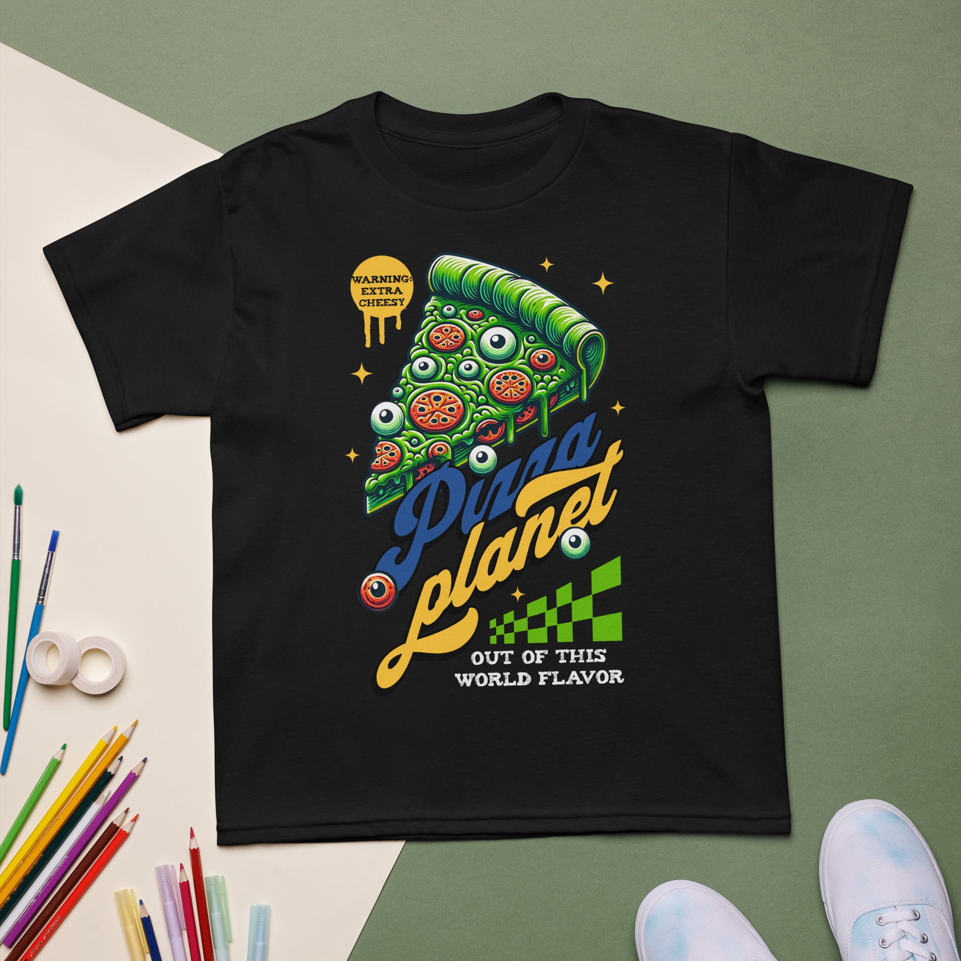 Youth t-shirt with “Pizza Planet” colorful cosmic pizza design, moisture-wicking cotton-poly tee by LostLogicCo Canada