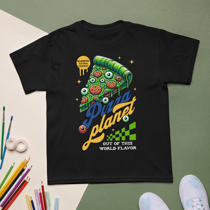 Youth t-shirt with “Pizza Planet” colorful cosmic pizza design, moisture-wicking cotton-poly tee by LostLogicCo Canada