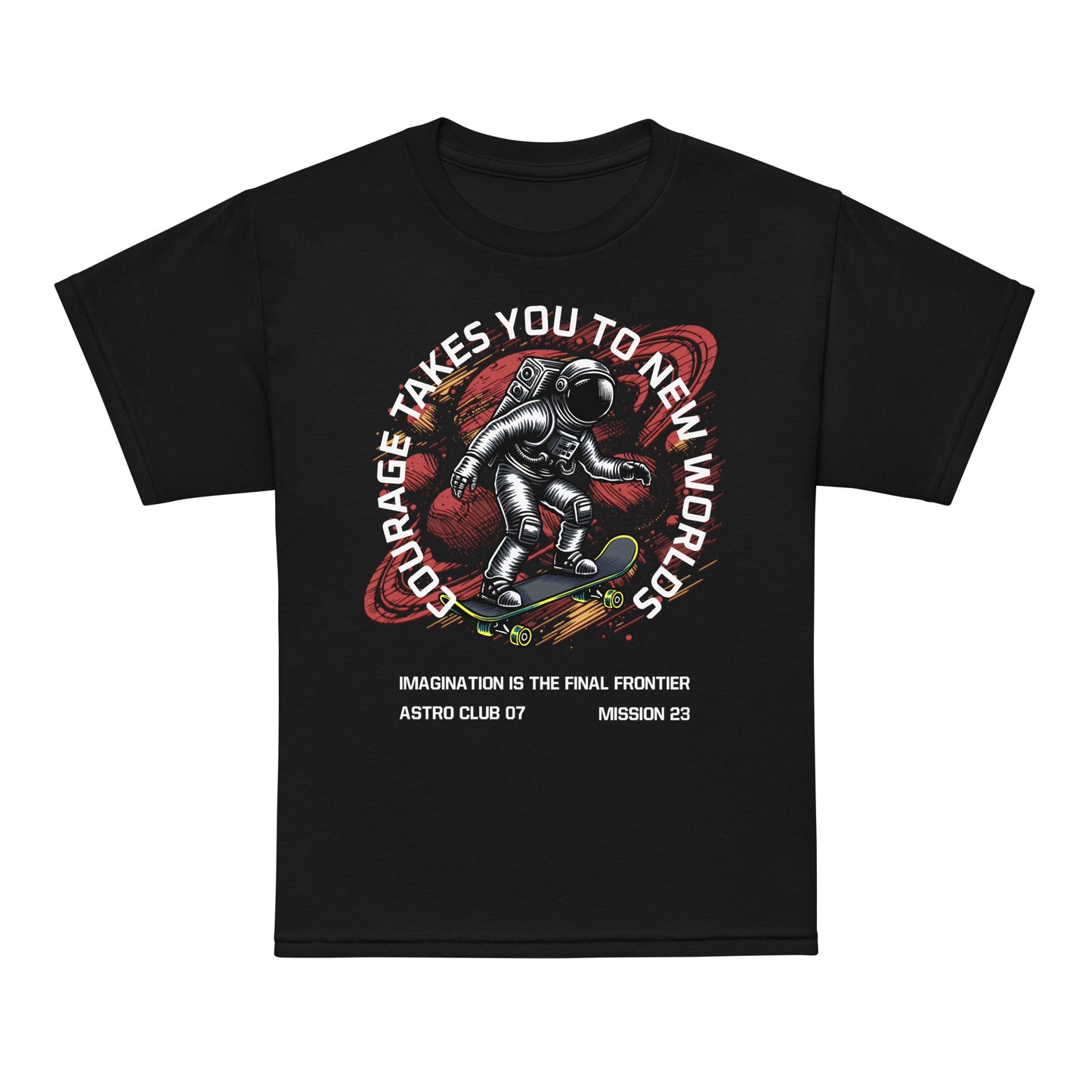 Youth t-shirt with astronaut skateboarding through space, “Courage Takes You to New Worlds” design by LostLogicCo Canada