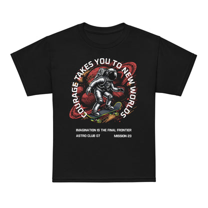 Youth t-shirt with astronaut skateboarding through space, “Courage Takes You to New Worlds” design by LostLogicCo Canada