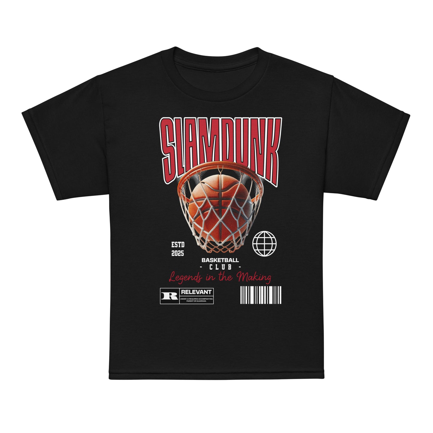 Youth t-shirt with “Slam Dunk Legends in the Making” basketball design, moisture-wicking fabric sports tee by LostLogicCo Canada