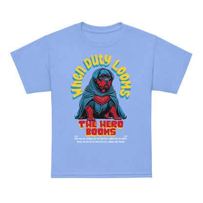 Youth superhero t-shirt with “When Duty Looms The Hero Booms” dog design, moisture-wicking cotton-poly tee by LostLogicCo Canada