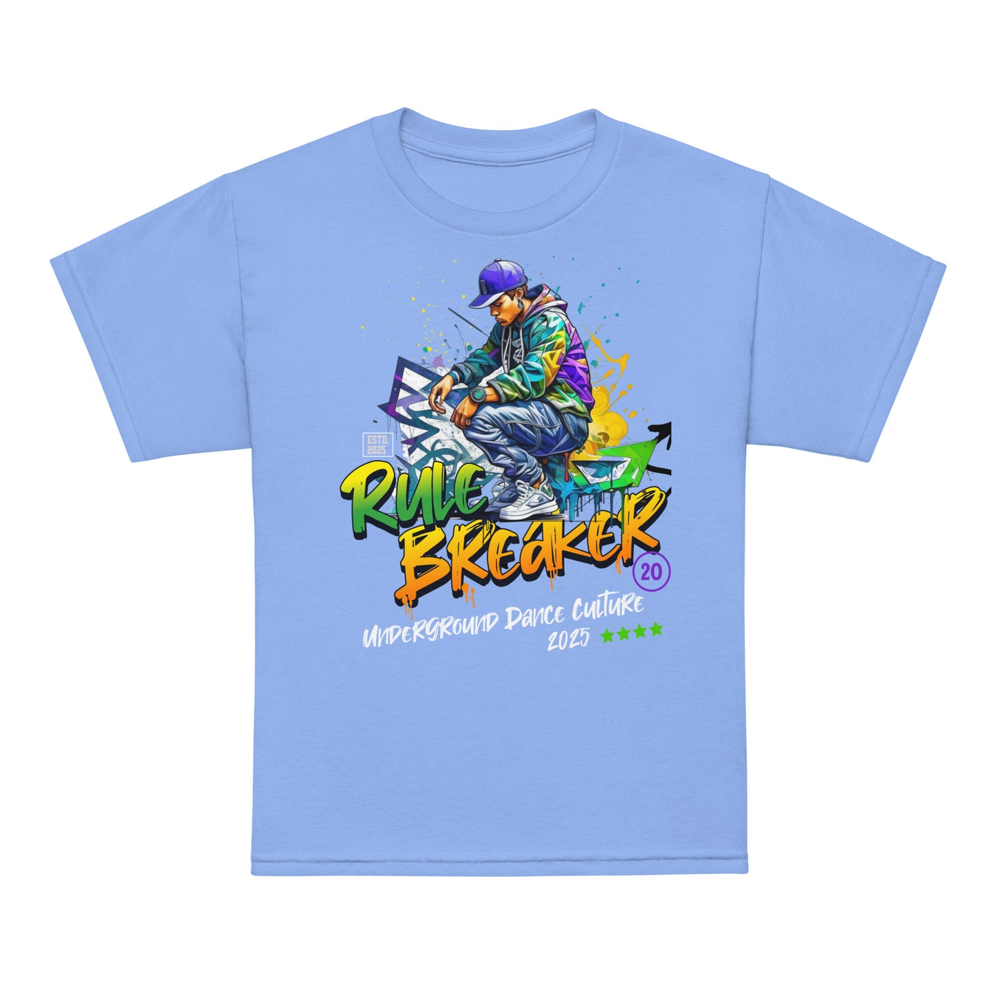 Youth t-shirt with “Rule Breaker” graffiti street dancer design, moisture-wicking cotton-poly tee by LostLogicCo Canada
