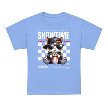 Youth t-shirt with “Showtime” cool cat popcorn movie design, moisture-wicking cotton-poly tee by LostLogicCo Canada