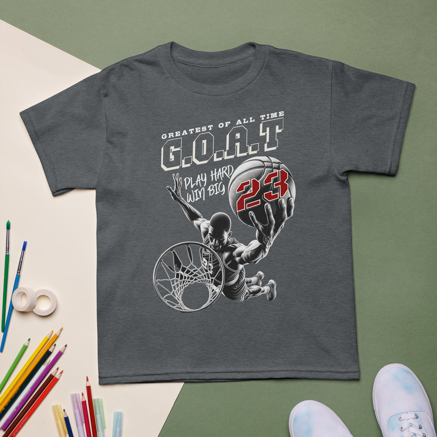 Youth basketball t-shirt with “G.O.A.T Slam Dunk 23” design, cotton-poly short sleeve kids tee by LostLogicCo Canada