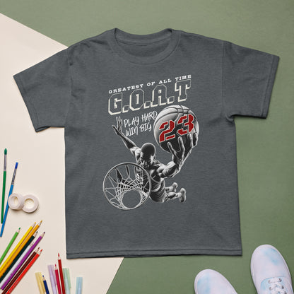 Youth basketball t-shirt with “G.O.A.T Slam Dunk 23” design, cotton-poly short sleeve kids tee by LostLogicCo Canada