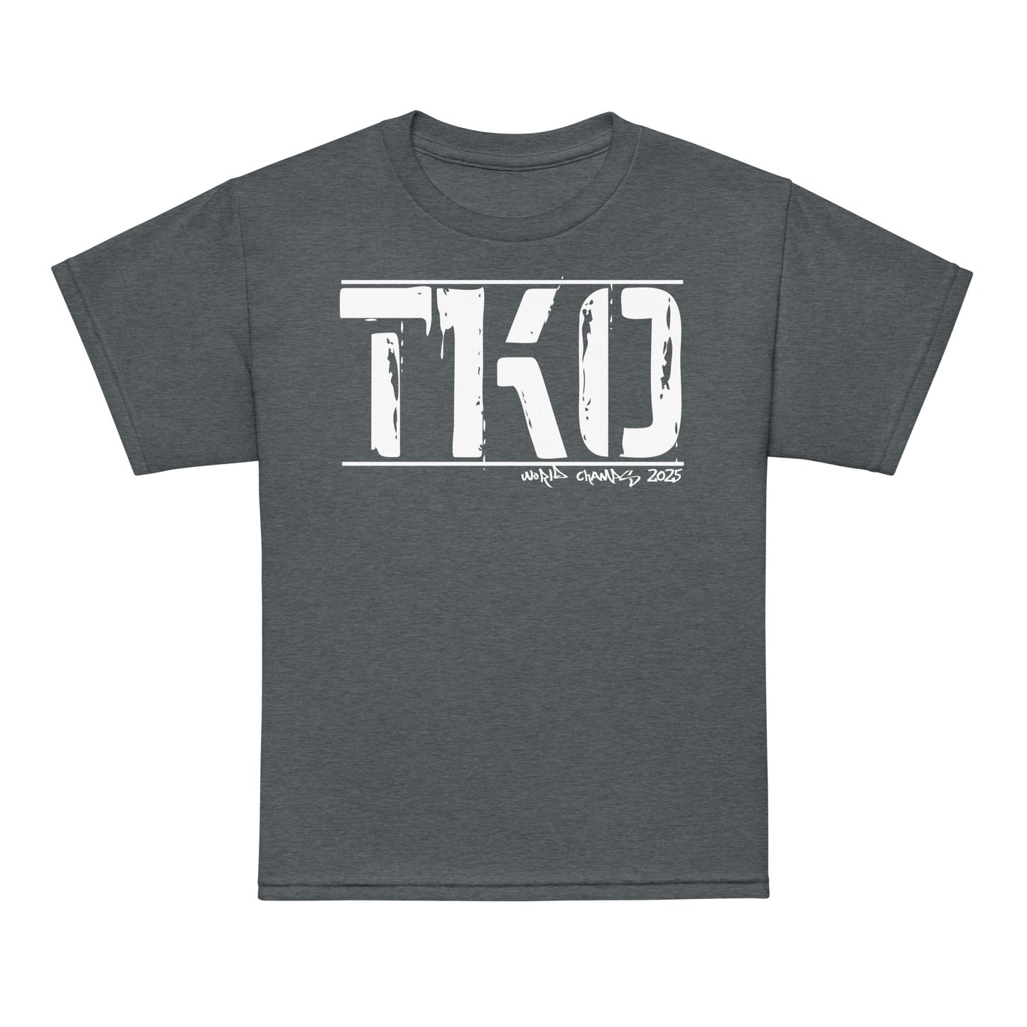 Youth typography t-shirt with bold “TKO” boxing design, moisture-wicking cotton-poly kids tee by LostLogicCo Canada