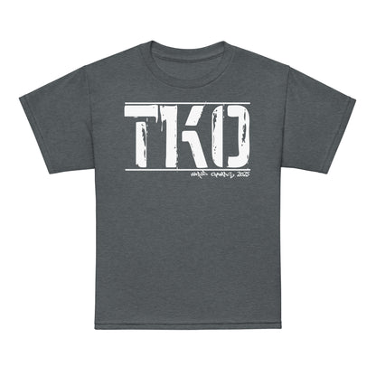 Youth typography t-shirt with bold “TKO” boxing design, moisture-wicking cotton-poly kids tee by LostLogicCo Canada
