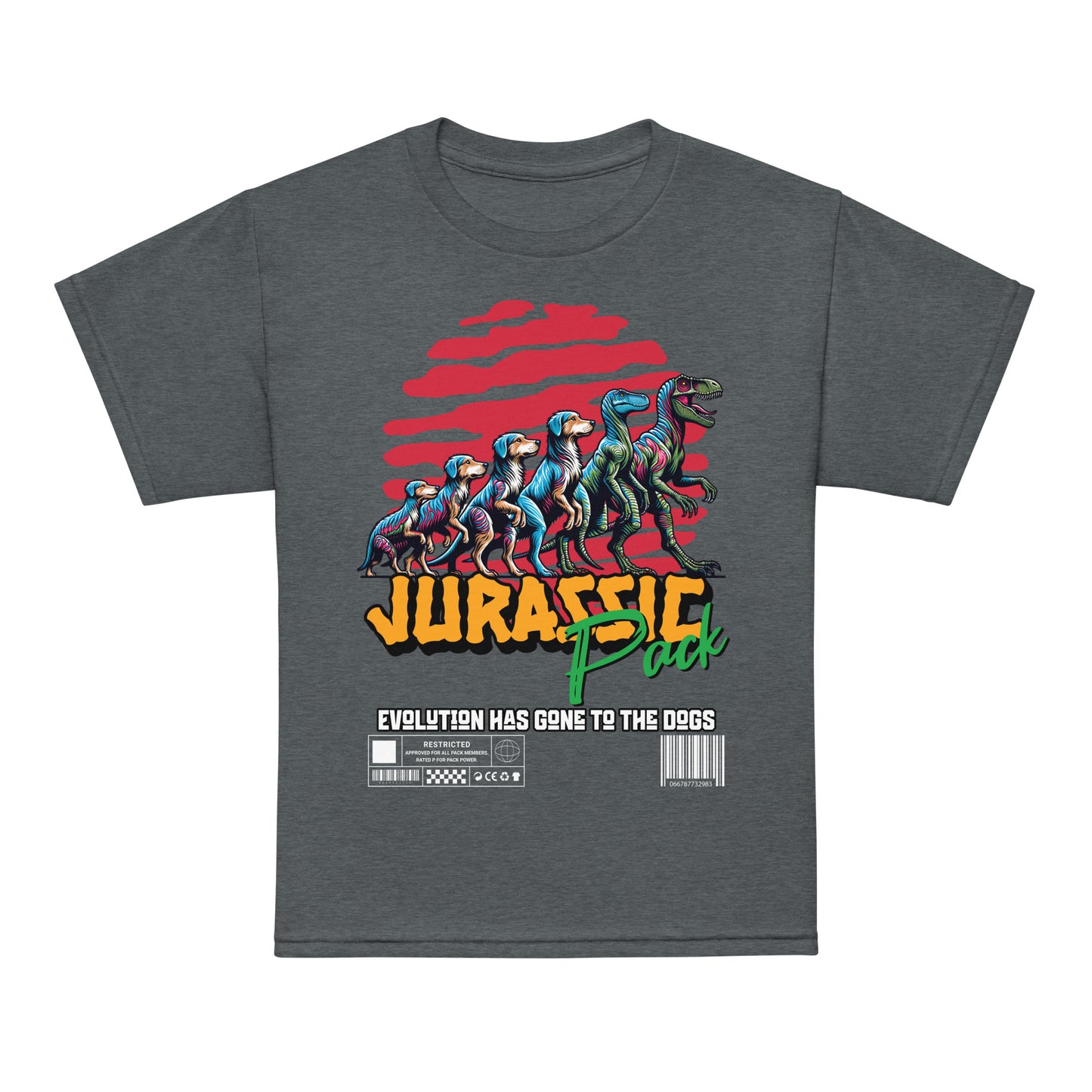 Kids dinosaur t-shirt with “Jurassic Pack” and “Evolution Has Gone to the Dogs” design, moisture-wicking cotton-poly tee by LostLogicCo Canada
