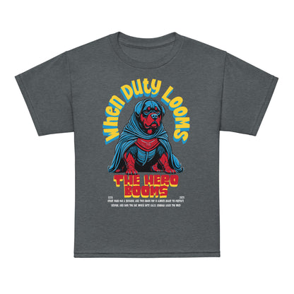 Youth superhero t-shirt with “When Duty Looms The Hero Booms” dog design, moisture-wicking cotton-poly tee by LostLogicCo Canada