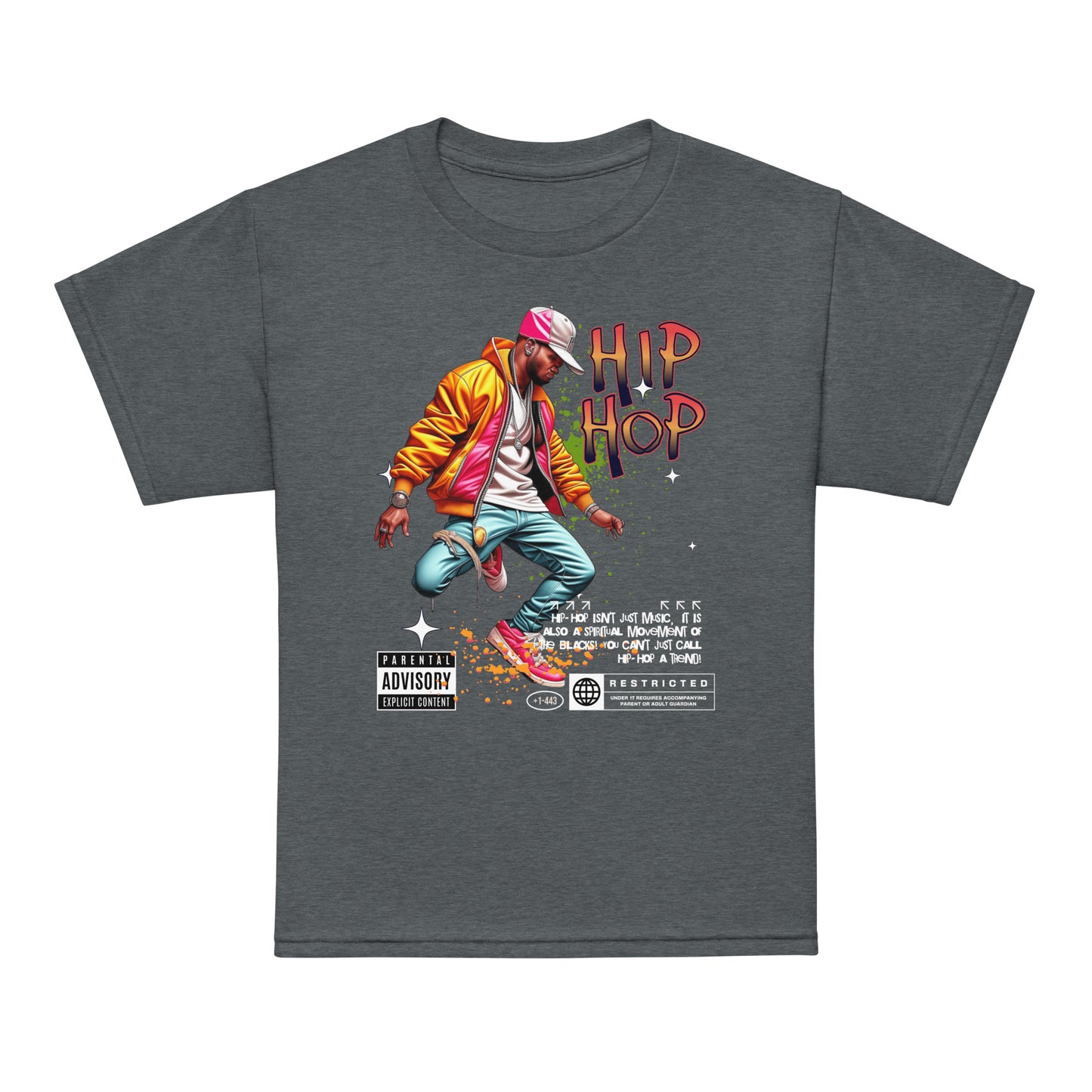 Kids t-shirt with colorful “Hip Hop” streetwear dancer design, moisture-wicking cotton-poly tee by LostLogicCo Canada